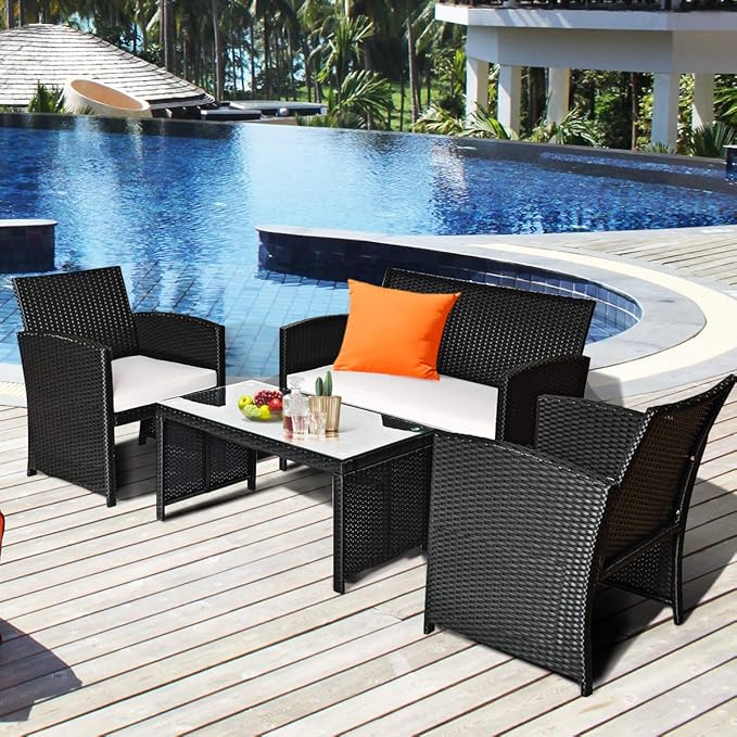 Tangkula Patio Wicker Conversation Furniture Set, Patiojoy Sofa & Table Set w/4 Seats, Outdoor Rattan Sofa Set for Balcony Backyard, Wicker Chair Set with Tempered Glass Coffee Table (2, White)