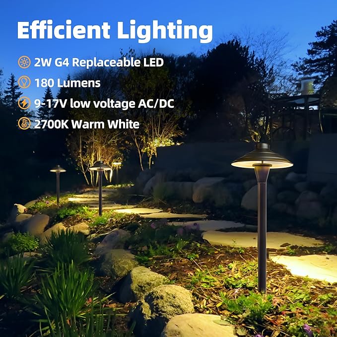 Solid Cast Brass Pathway Lights, 4 Pack 12V Low Voltage Landscape Lighting LED Path Lights with G4 Bulb for Outdoor Walkway, Garden, 23" Tall, 7.5" Shade