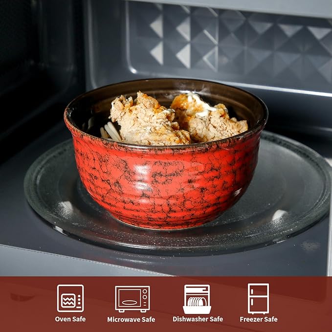 Hasense 20 Ounces Cereal Bowls, Ceramic Soup Bowls Set of 6, Snack Bowls for Kitchen, Salad, Pasta, Rice, Oatmeal, Microwave & Dishwasher Safe, Red