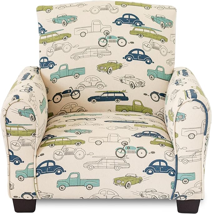 Kid Rocking Chair for Toddlers, Child Chair for Little Kids, Upholstered Toddler Armchair for Children, Comfy and Cute Little Kid Chairs (Legs, Cars & Trucks Print)