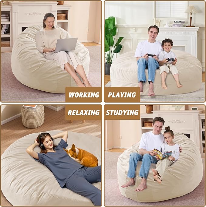 7FT Bean Bag Chair with Ultra Soft Velvet Cover Bean Bag Sofa with Memory Foam Bean Bag Chairs with Large Size Lazy Sofa for Dorm Office Living Room Bedroom Beige 7'