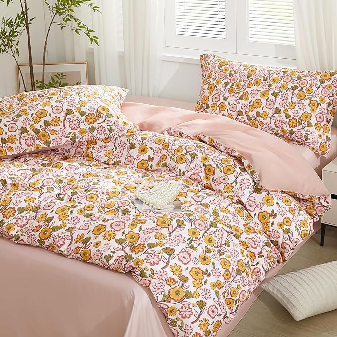 SAPHREAS Pink Floral Duvet Cover Set 3pcs King Size Garden Style Yellow Flowers Bedding Comforter Cover Set 100% Cotton 1 Duvet Cover 104"x90" 2 Pillow Shams, Comforter Not Included