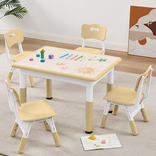 Adjustable Kids Table Chairs Set – Graffiti Desktop, Multi-Activity Height-Adjustable Toddler Study Desk for Ages 3-8 – Ideal for Home, Classroom, Daycare (W-Brown, 4 Chairs-31.5" L x 23.6" W)