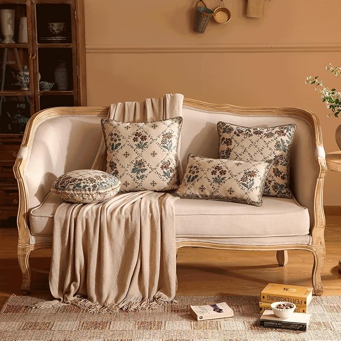 patdrea Designer Throw Pillow Covers Set of 2,Square Euro Retro Style Light Brown Linen with Floral Pattern Pillow Cover,Decorative Pillowcases Cushion for Bed Living Room Outdoor Car,18"x18"