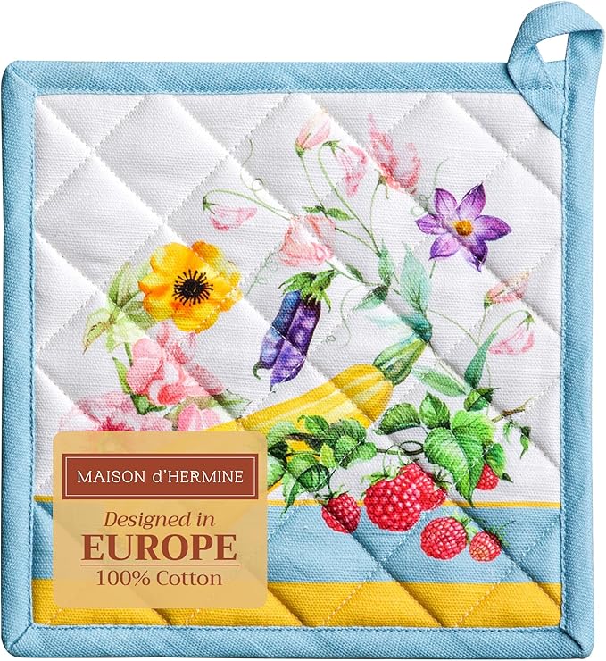 Maison d' Hermine Pot Holders 100% Cotton Heat Resistant Potholders 8" x 8" Hot Pads with Loop BBQ, Cooking, Baking, Grilling, Kitchen, Handling Hot Pans Spring/Summer (Pack of 1, Giverny)