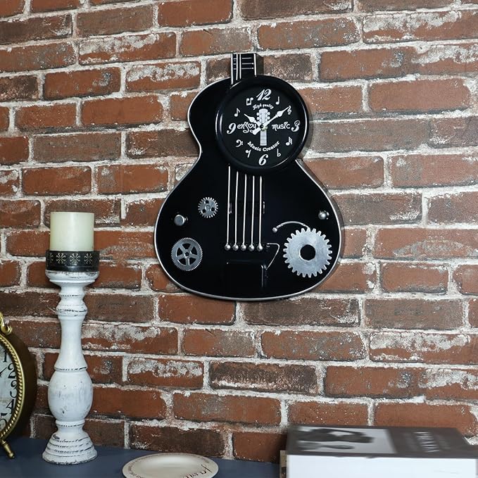 Metal Guitar Wall Clock Musical Decor for Music Lovers,H16 inches Guitar Players, Music Teachers, Studio, Bedroom, Office Silent Non-Ticking Clock – Black Industrial Steampunk Style Gift for Men