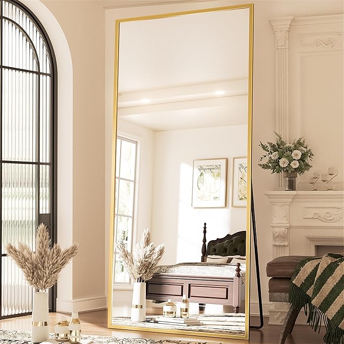 Antok Full Length Mirror, 71"x28" Floor Mirror with Stand, Hanging Mounted Mirrors for Bedroom, Living Room, Cloakroom, Dining Room, Gold, Rect