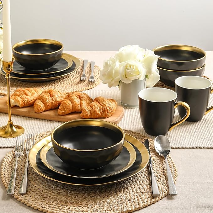 vicrays Ceramic Salad Bowls Set for Kitchen, Serving - 24 Ounce Soup Bowls, Pasta Bowls, Chip Resistant, Dishwasher Safe, NOT Microwave Safe, Fluted, Stoneware, Set of 6 (Black with Golden)