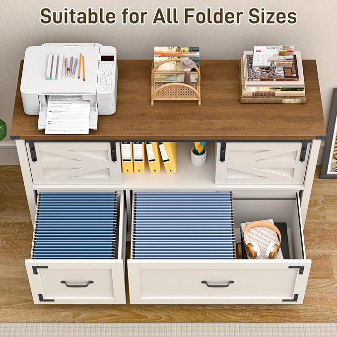 Lateral File Cabinets 2 Drawer with Sliding Barn Doors, Farmhouse Filing Cabinet with 2 Drawer for Home Office，Filing Organization Storage Cabinets for Hanging Files Letter/Legal/F4/A4.(Brown.)