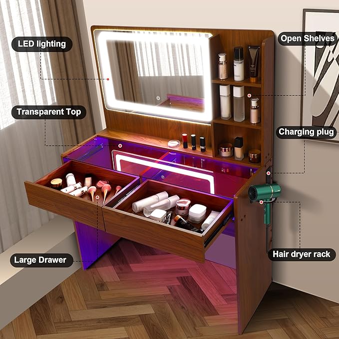 Vanity Desk,Transparent Desktop,Multiple Color Ambient Lights,with Mirror and Tri Color Light Strip,Dressing Table with Charging Station,Equipped with 2 Drawers,Peach Colored