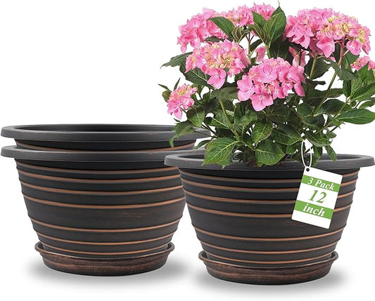 12 Inch Plastic-Flower Pot-for-Indoor Plants, 3 Pack Large planters for Outdoor Plants with Drainage Holes & Saucers, Retro Antique Imitation Decorative Garden Pots Planters
