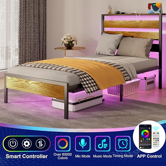 Twin Bed Frame with LED Lights & Charging Station, Metal Platform Bed with Headboard, Heavy Duty Metal Slats, No Box Spring Needed, Noise Free, Easy Assembly, Brown