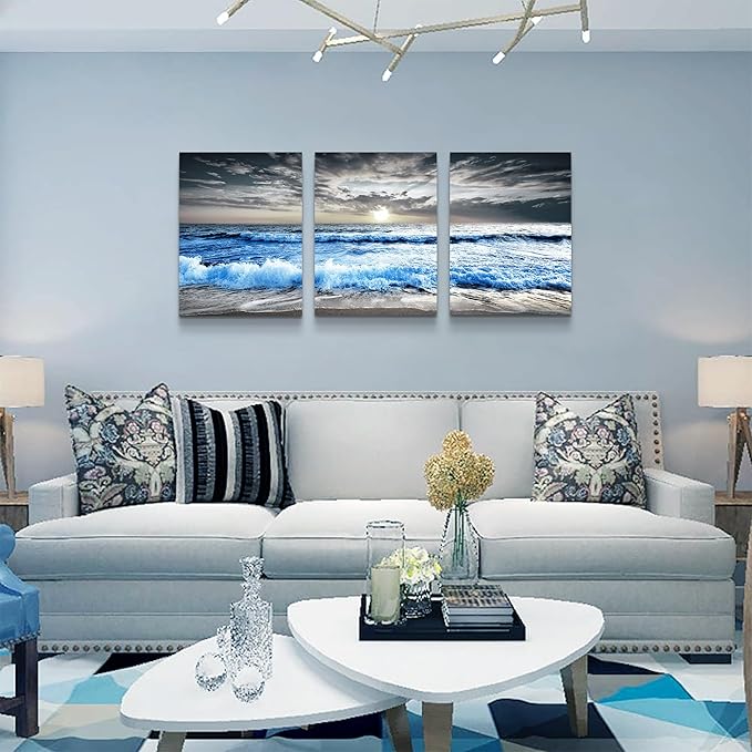 MHARTK66 Black and White Wall Art For Living Room Blue sea waves Canvas Wall Decor for Home Decor artwork painting 16" x 24" 3 Pieces Canvas Print For bedroom Decor Modern Salon kitchen Painting