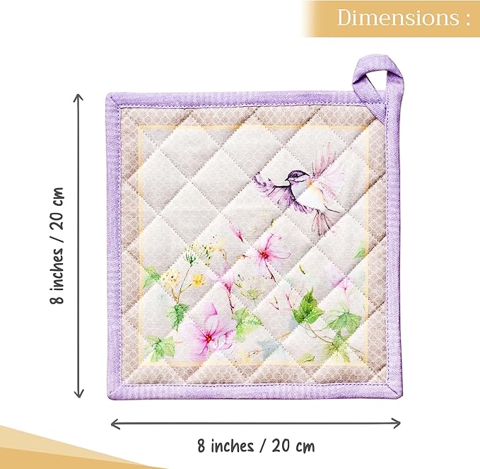 Maison d' Hermine Pot Holders Set 100% Cotton Heat Resistant Potholders 8" x 8" Hot Pads with Loop BBQ, Cooking, Grilling, Kitchen, Handling Hot Pans Spring/Summer (Pack of 2, Magnolia Mornings)