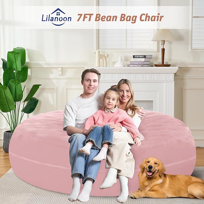 7FT Bean Bag Chair with Ultra Soft Velvet Cover Bean Bag Sofa with Memory Foam Bean Bag Chairs with Large Size Lazy Sofa for Dorm Office Living Room Bedroom Light Pink 7'