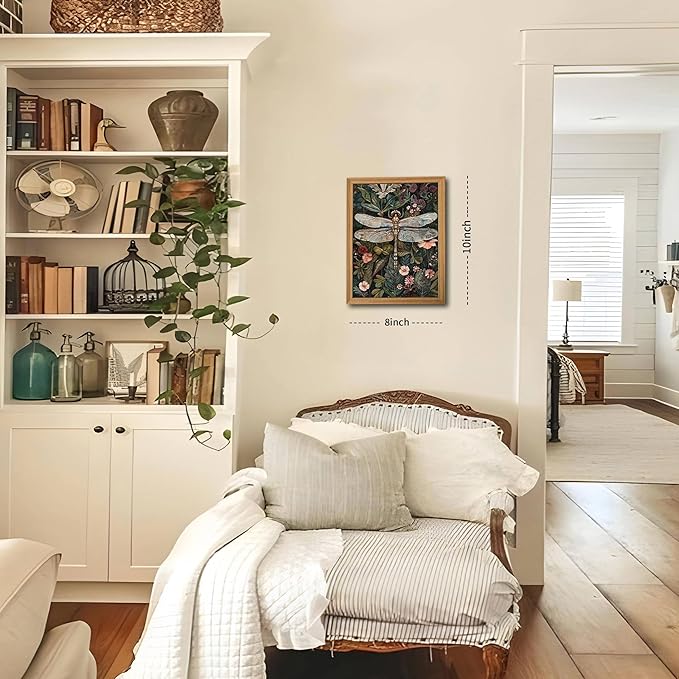 Framed Vintage 3D Textured Wall Art - Dark Green Dragonfly Flowers Wall Decor - Hand Drawn Sandstone Nature Botanical Pictures for Living Room Bedroom Home Decor 8x10in