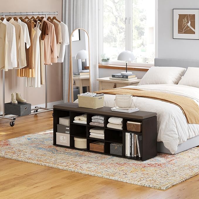 DINZI LVJ Shoe Storage Bench with Cushion, 15-Cubby Shoe Rack, Adjustable Shelves, Long Shoe Organizer Bench for Entryway, Mudroom, Hallway, Living Room, Bedroom and Garage