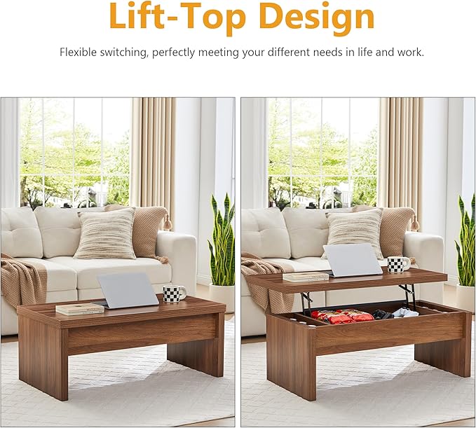 Small Lift Top Coffee Table, Wood Rectangle Coffee Table with Lifting Top and Hidden Storage Compartment, Mid Century Modern Center Tables for Small Space, Living Room, Office (Walnut)