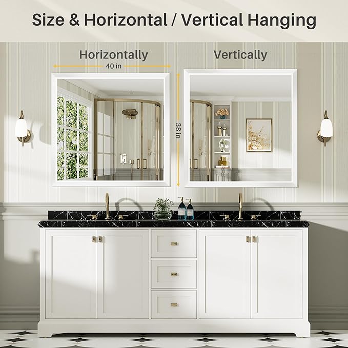 40x38 Inch White Bathroom Mirror for Wall, Thick Metal Framed Rectangle Mirrors for Over Sink, Bedroom, Living Room, Entryway, Anti-Rust, HD Tempered Glass