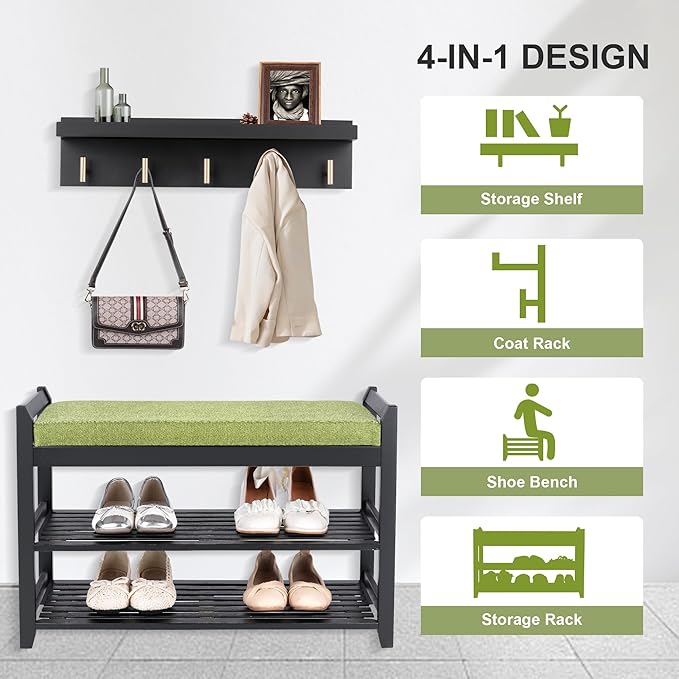Shoe Rack for Front Door Entrance, 28” Entryway Bench with Coat Rack, Hall Tree Shoe Bench with Storage for Entry, Hallway, Bedroom, Living Room