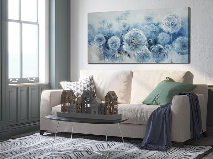 Arjun Flower Wall Art Indigo Blue Dandelion Floral Canvas Painting Watercolor White Textured Modern Artwork Large Framed for Living Room Bedroom Dinning Room Bathroom Home Office Wall Decor, 40"x20"