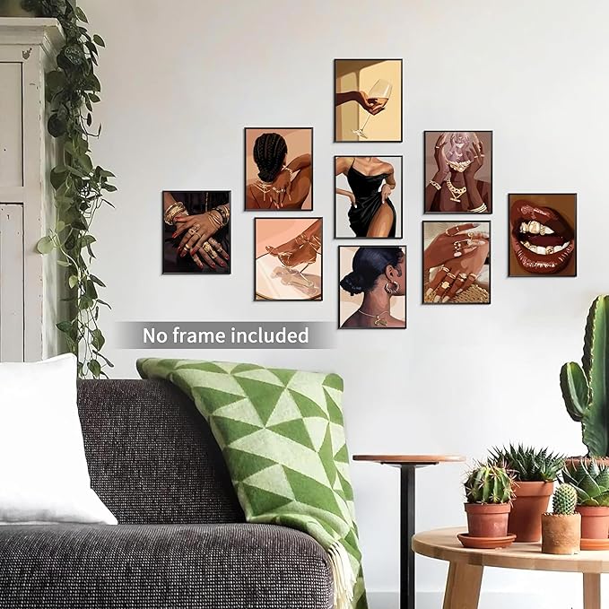 SEHSUVC Black Girl Posters Wall Art Set of 9, Abstract African American Woman Wall Decor Painting, Trendy Boho Artwork Aesthetics Prints for Living Room Bedroom Home Decor Unframed 8x10In