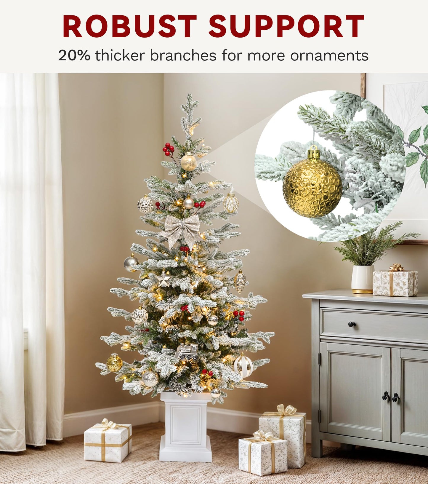 DWVO 4.5 FT Potted Slim Pre-lit Flocked Arctic Fir Pencil Tree, Potted Christmas Tree with 11 Red Hollies, 358 PE & PVC Branch Tips, and 100 Lights for Home and Office Decor