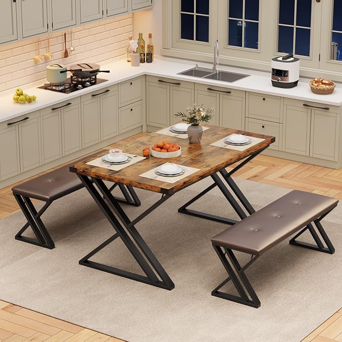 GAOMON Dining Table Set for 4, Kitchen Table with 2 Upholstered Benches, 3 Piece Dining Table Set for Small Space, Apartment, Saving Space for Kitchen, Dining Room (1.18'' Inch Cusion)
