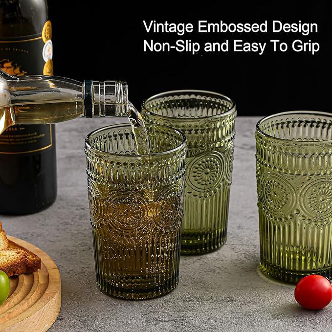 Vintage Glassware Drinking Glasses Set of 6,13 oz Green Textured Flower Design Glass Water Tumblers，Embossed Striped Drinkware for Water,Cocktails,Juice,Iced Coffee