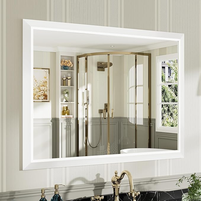 40x30 Inch White Bathroom Mirror for Wall, Thick Metal Framed Rectangle Mirrors for Over Sink, Bedroom, Living Room, Entryway, Anti-Rust, HD Tempered Glass