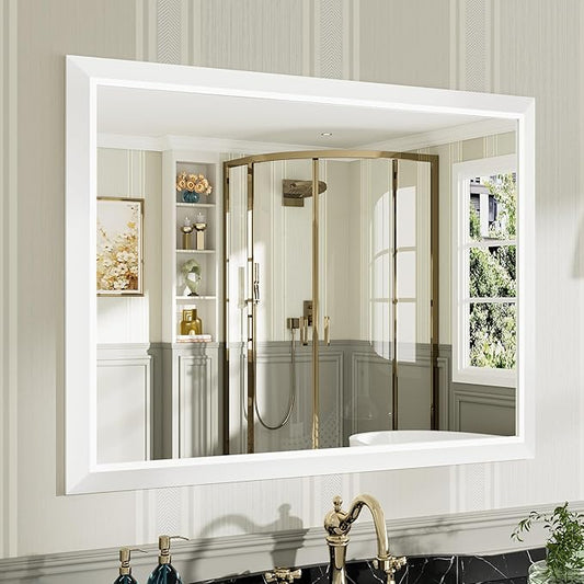 40x30 Inch White Bathroom Mirror for Wall, Thick Metal Framed Rectangle Mirrors for Over Sink, Bedroom, Living Room, Entryway, Anti-Rust, HD Tempered Glass