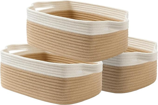 KALLAX Small Woven Basket, 14 x 10 x 5.6 Inches, Small Storage Baskets for Organizing, Gift Baskets Empty, Cute Rope Shelf Closet Storage Bins for Shelves, Dog Toy Basket, White & Brown