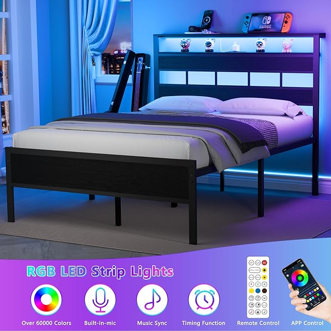Furnulem Full Size Bed Frame with LED Light and Charging Station, Wood Storage Headboard with 2-Tier Shelves, Metal Platform Bed with Heavy Duty Slats Support, No Box Spring Needed, Black Oak