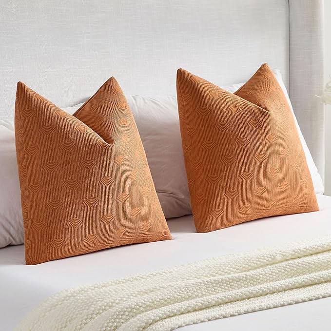 FUTEI Burnt Orange Chenille Decorative Throw Pillow Covers 20x20 Inch Set of 2,Soft Cozy Striped Geometric Patterns Cushion Case,Modern Home Decor for Couch Bed Living Room