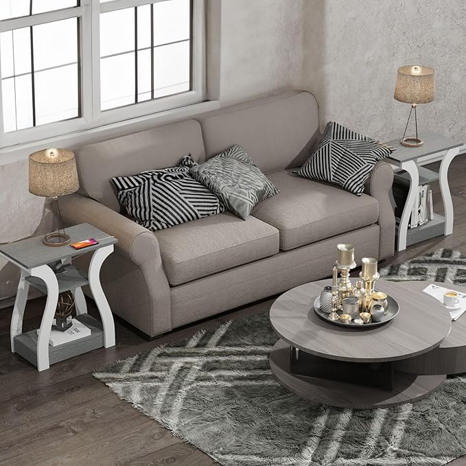 End Table Set of 2, Side Table with Charging Station, USB Ports and Outlets, 3 Tier Nightstand, Sofa Table for Small Spaces, Beside Table with Storage Shelf for Living Room, Bedroom