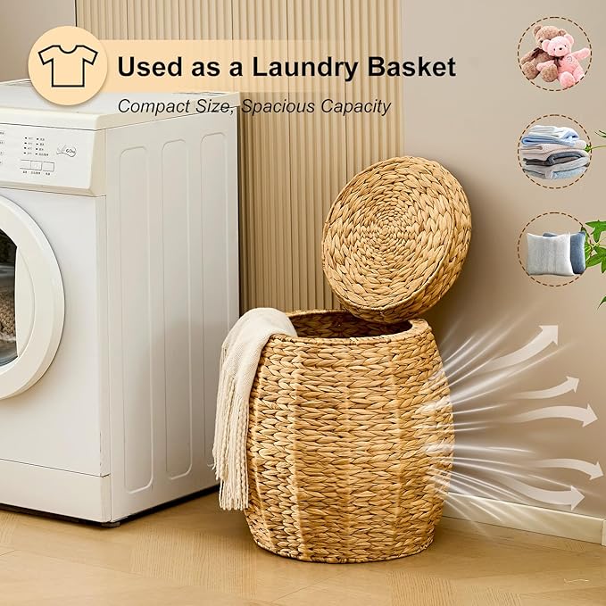 Round Wicker Basket with Lid, Handwoven Water Hyacinth Storage Basket, Blanket Organizer Basket for Laundry, Bathroom, Bedroom, Living Room, Office