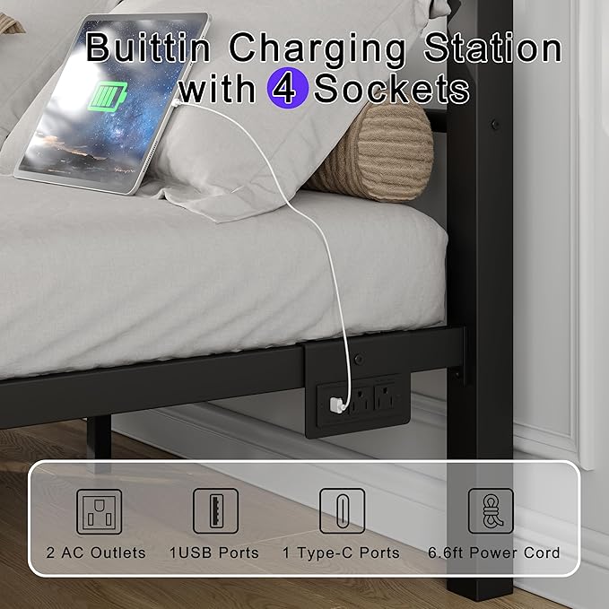 Full Bed Frame with Smart LED Lights, Storage Headboard and USB Charging Station,Heavy Duty Wooden Slats, No Box Spring Needed, Noise Free, Easy Assembly (Retro Black, Full)