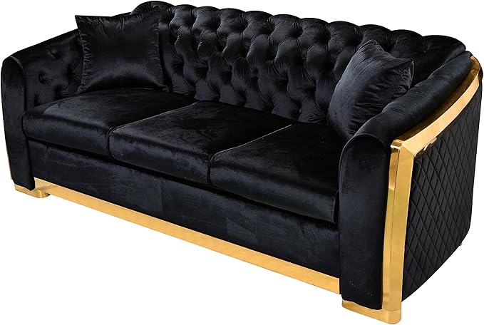 KEIKI 81" Luxury Oversized Velvet Chesterfield Sofa with Gold Stainless Decoration, Mid-Century Style 3-Seater Couch with Tufted Back and Rolled Arms, Easy Assembly, for Apartment, Living Room, Black