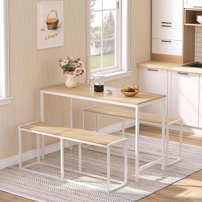 HOOBRO Dining Bench, 47.2 Inch Industrial Style Kitchen Table Bench, Steel Frame, Easy to Assemble, for Kitchen, Dining Room, White and Natural WN12CD01