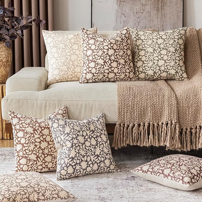 Foindtower Set of 2 Decorative Neutral Floral Throw Pillow Covers Accent Farmhouse Cushion Covers Boho Vintage Pillowcase for Couch Sofa Bedroom Living Room Home Decor Outdoor,24×24 Inch,Tan