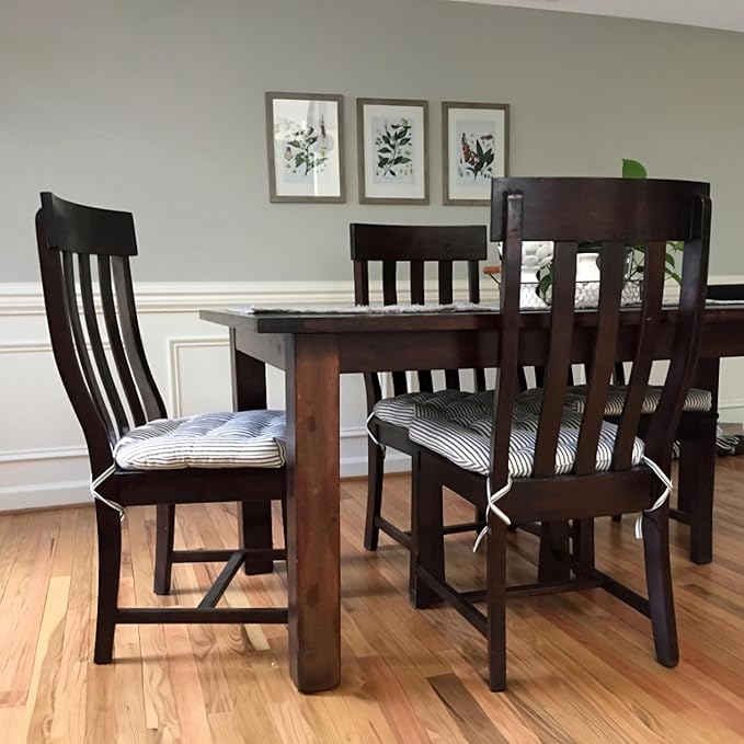 Barnett Home Decor Ticking Stripe Black Dining Chair Pad with Ties - 17" x 15" Size Small Chair Cushion - Latex Foam Fill - Machine Washable, Reversible, 100% Cotton, Made in USA