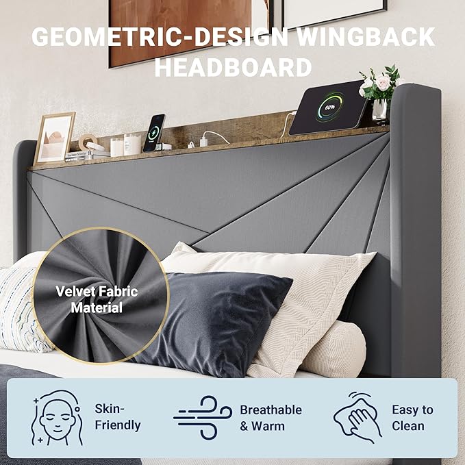 Allewie Full Size Velvet Bed Frame with 3 Storage Drawers, Upholstered Platform Bed with Wingback Storage Headboard and USB Ports, No Box Spring Needed, Easy Assembly, Grey