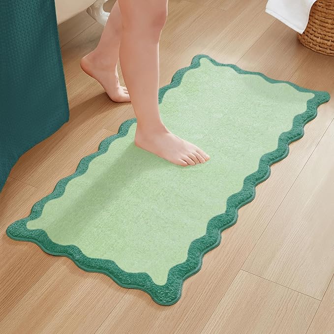 MONDAY MOOSE Bath Mat with Scalloped Wavy Ripple Design, Microfiber Absorbent Non Slip Tufted Rug for Floor, Shower or Kitchen (24x47 inch, Teal Green)