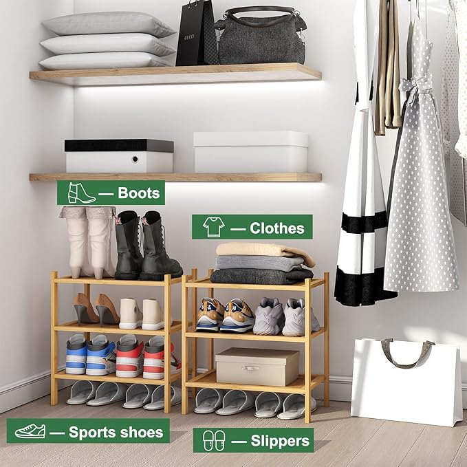 Small Shoe Rack, Bamboo Wood Shoe Rack for Entryway, Stackable | Foldable | Natural, 3-Tier Shoe Organizer for Hallway Closet, Free Standing Shoe Racks for Indoor & Outdoor
