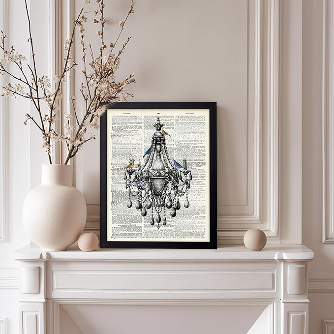 Poster Master Dictionary Art Poster - Antique Chandelier Print - Bird Art - Baroque Art - Gift for Men & Women - Chic Decor for Living Room, Dining Room, Bedroom or Kitchen, 8x10 Black Framed
