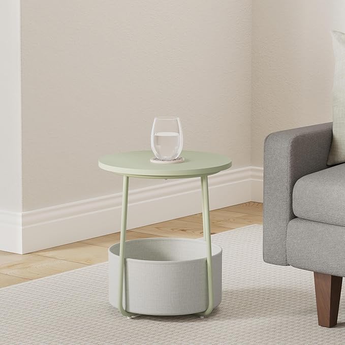 VASAGLE Small Round Side End Table, Modern Nightstand with Fabric Basket, Laurel Green and Cream White ULET223C69