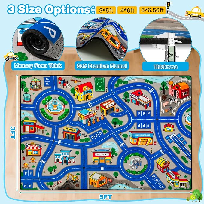 Road Car Rug, 3x5 Ft City Road Rug for Kids, Extra Thick (0.4in) Kids Floor Play Mat and Car Carpet with Realistic Colors - Perfect for Children, Soft and Non-Slip for Playroom and Bedroom