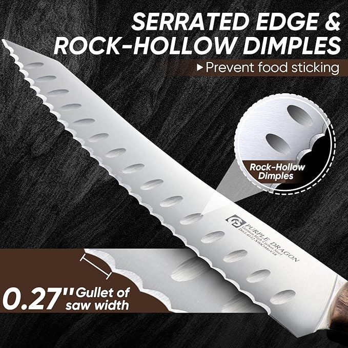 Purple Dragon Bread Knife, Serrated Knives for Homemade Bread Sourdough, German High Carbon Steel Cake Knife and Fruits Cutting, Gift Box, Anniversary Idea Gift for Father Dad - Pointed