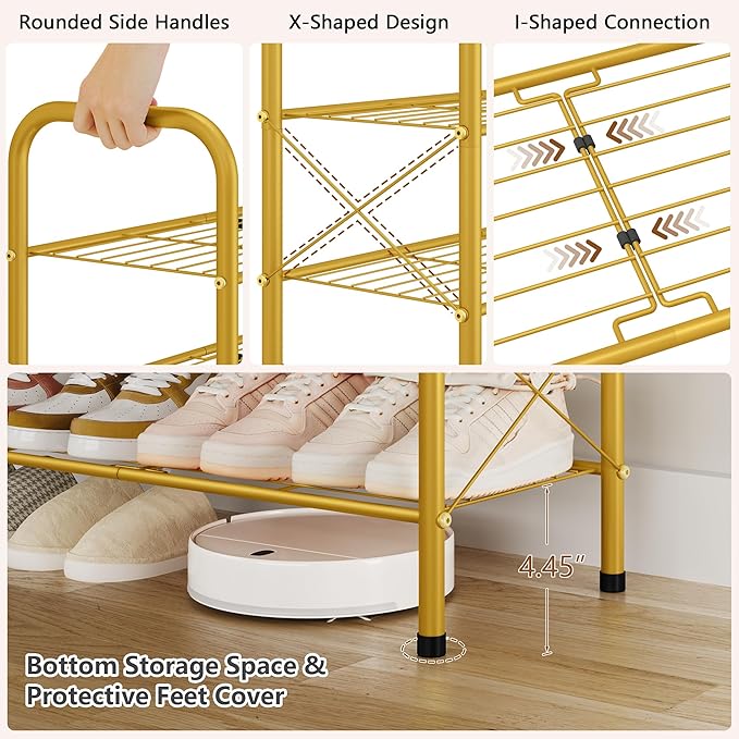 Hoctieon 4 Tier Mesh Style Shoe Rack, Entryway Shoe Shelf, Shoe Storage Organizer, Shoe Rack for Closet, Space Save for Bathroom, Garage, Hallway, Bedroom, Living Room, Gold