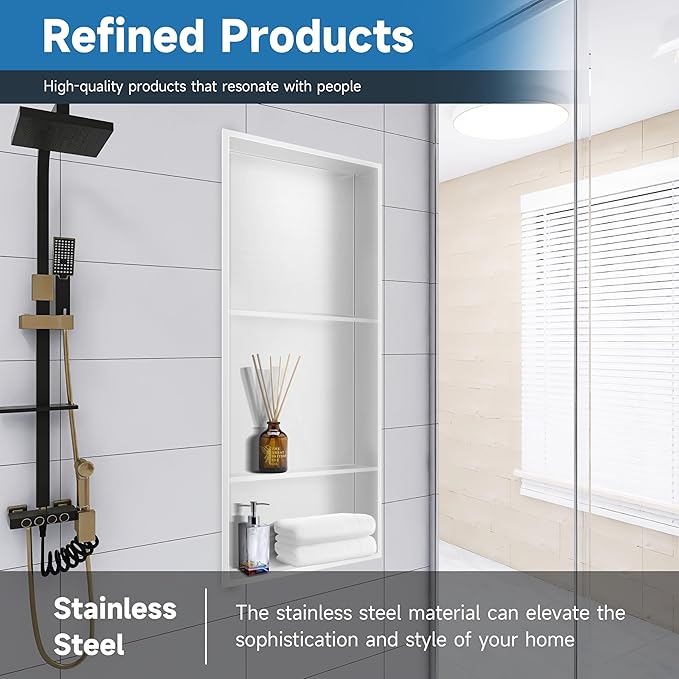 30" X 12" Stainless Steel Shower Niche Insert Tile Ready, Niche for Shower Wall, 3-Tier Recessed Shelves No Tile Needed for Bathroom Storage, White